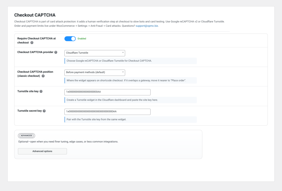 Anti-Fraud Checkout CAPTCHA settings with Cloudflare Turnstile selected and site and secret key fields displayed.