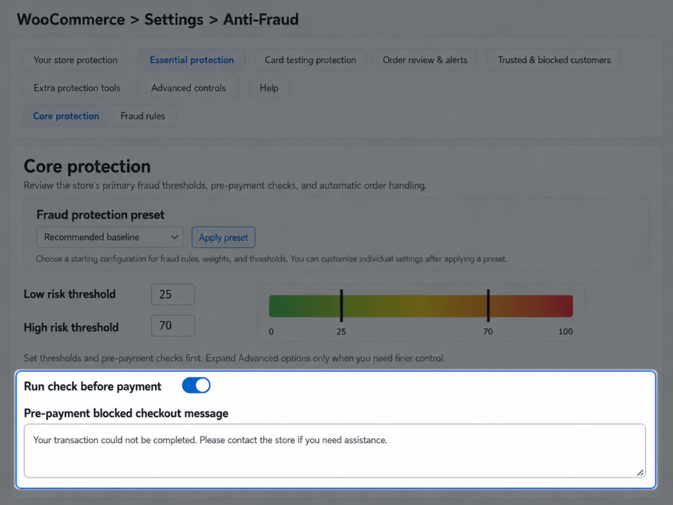 Pre-payment fraud protection settings in Anti-Fraud for WooCommerce.