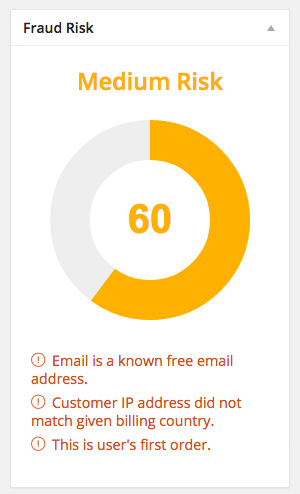A risk score and advice, given for an order via the WooCommerce admin.