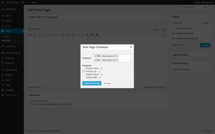 One Page Checkout Shortcode Graphical Interface