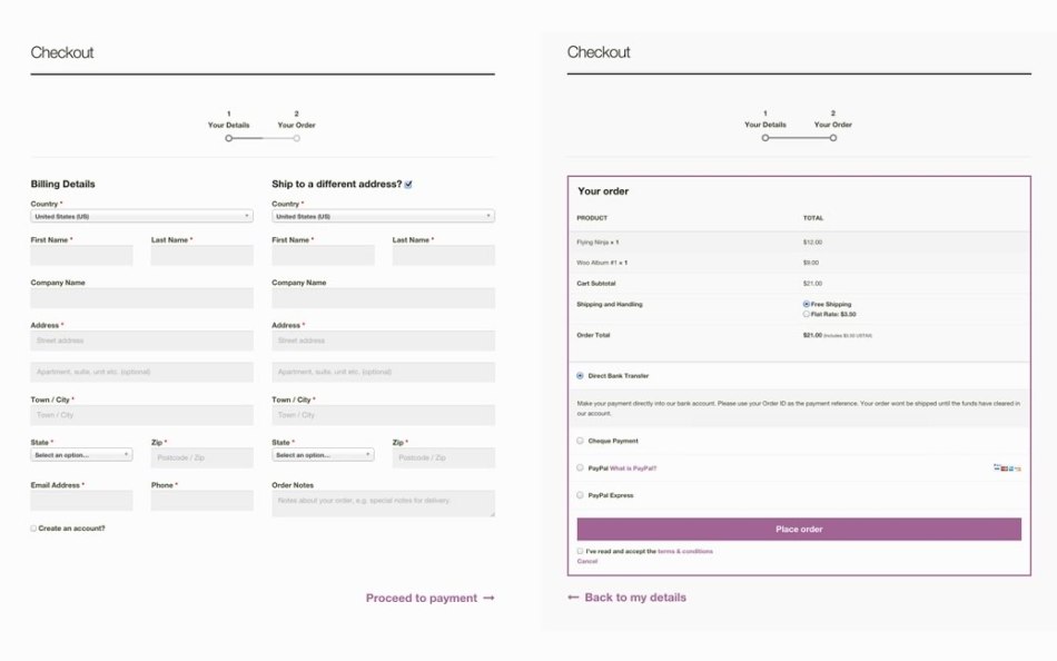 Page one and Page two of the two step checkout