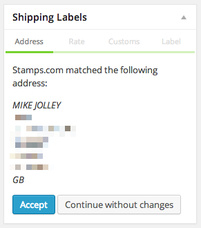 Verificación de la dirección de Stamps.com en la meta box del administrador.