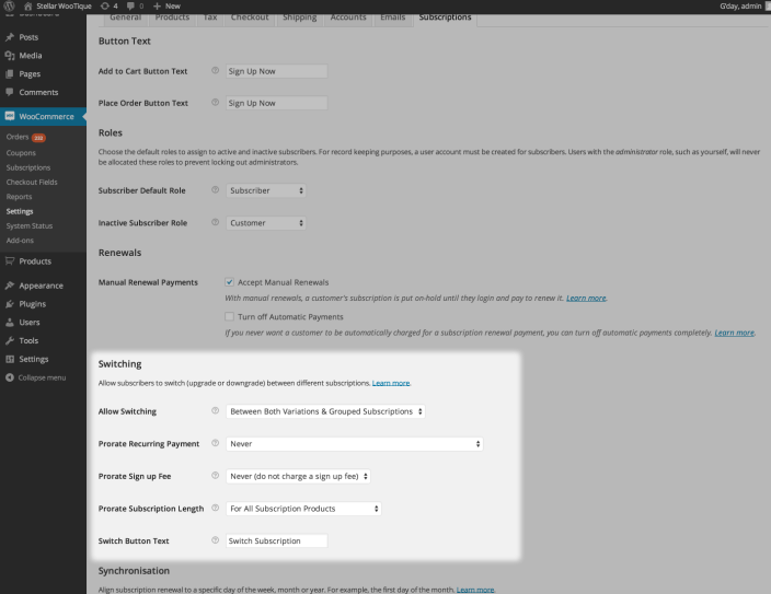 Screenshot of WooCommerce Subscription settings for Switching subscriptions.