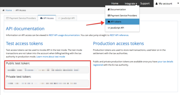 Get your Taxamo API tokens from your Taxamo dashboard