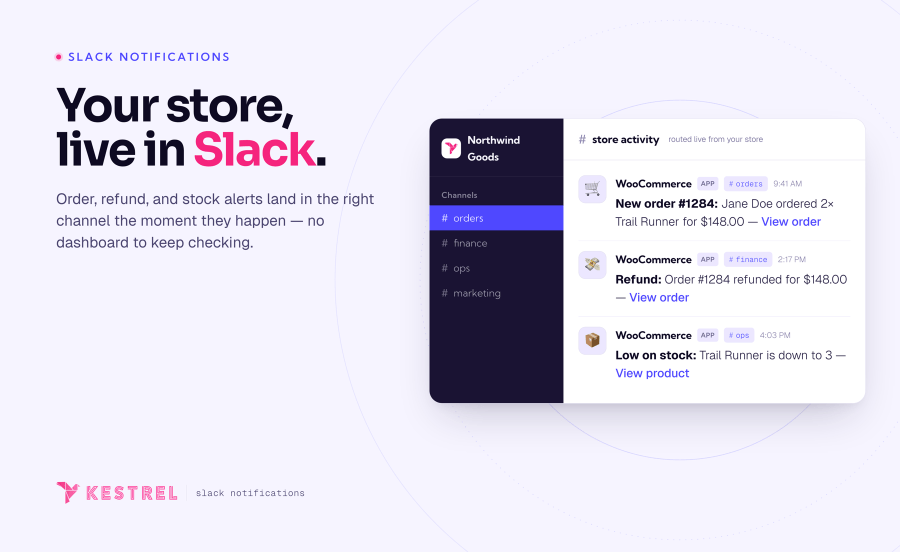 Banner reading Your store, live in Slack, beside a Slack channel where the WooCommerce app posts a new order, a refund, and a low-stock alert to the #orders, #finance, and #ops channels.