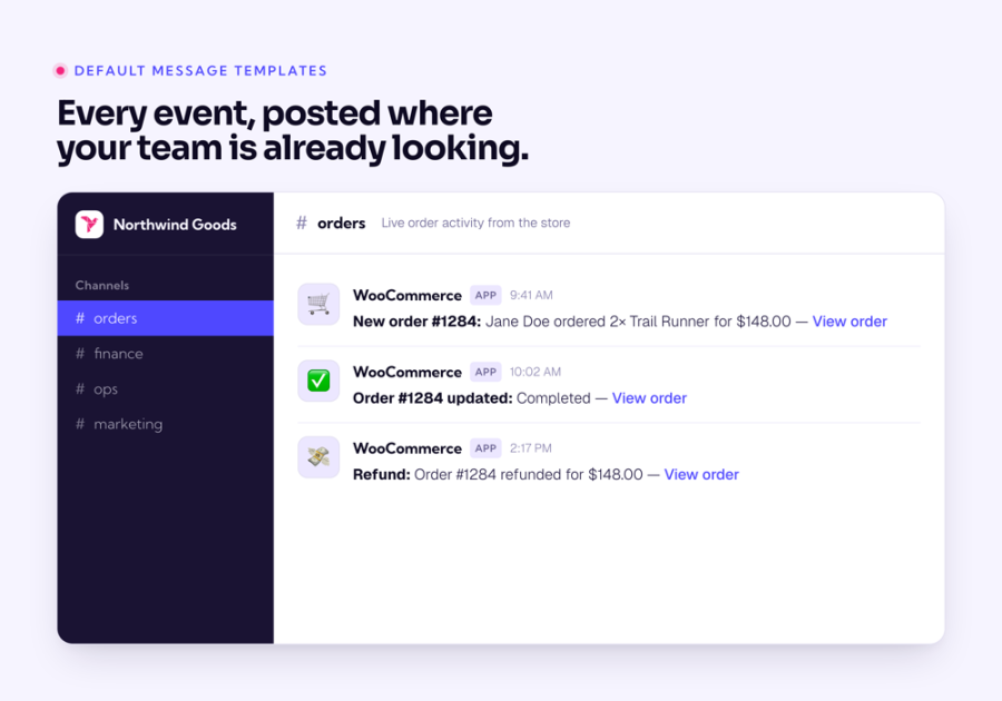 A Slack channel receiving WooCommerce notifications — a new order, an order marked completed, and a refund — each posted by the WooCommerce app with a timestamp.