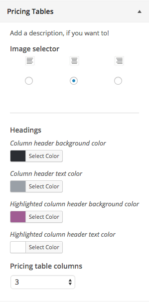 The Pricing Tables Customizer settings