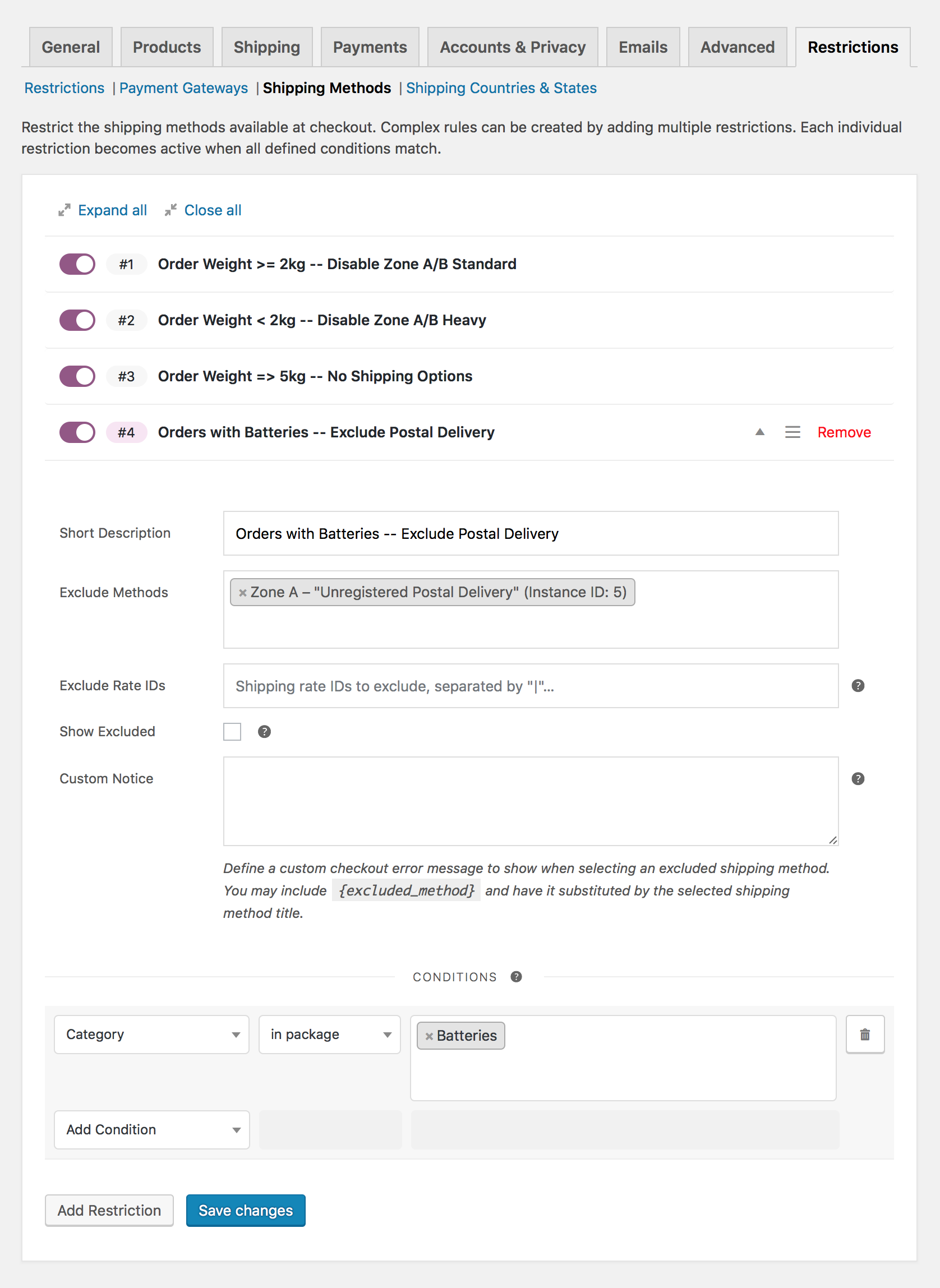Creating WooCommerce weight based shipping restrictions.