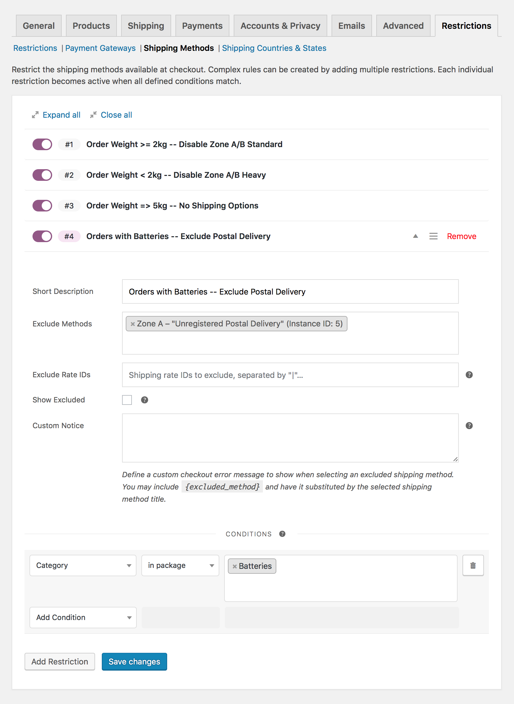 Creating product based and weight based shipping restrictions.