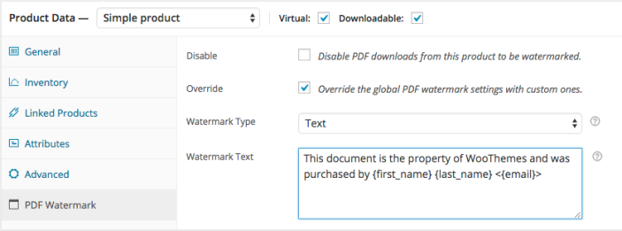 WooCommerce PDF Watermark Simple Product Settings