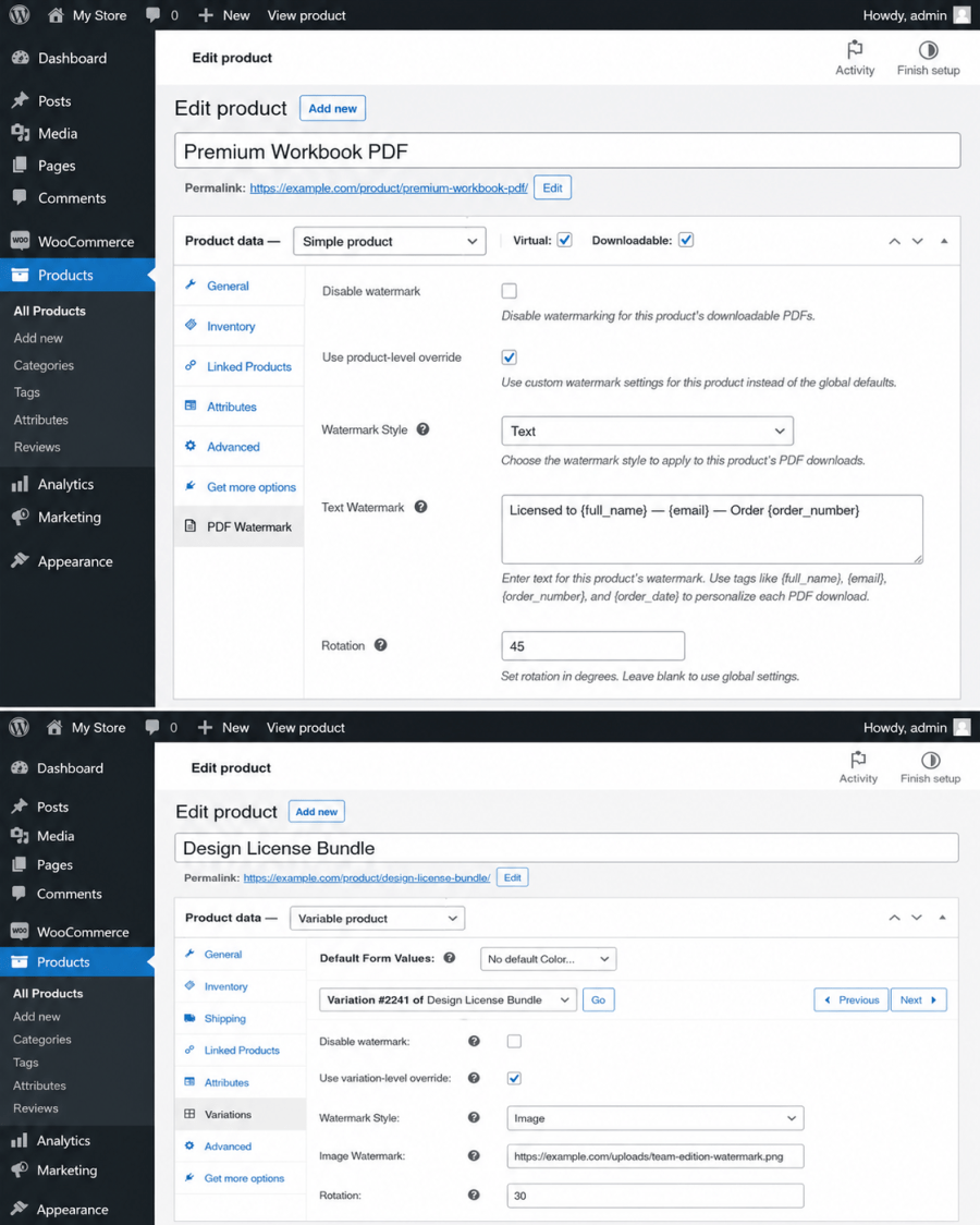 PDF Watermark WooCommerce product editor showing PDF Watermark overrides for individual downloadable products and product variations.