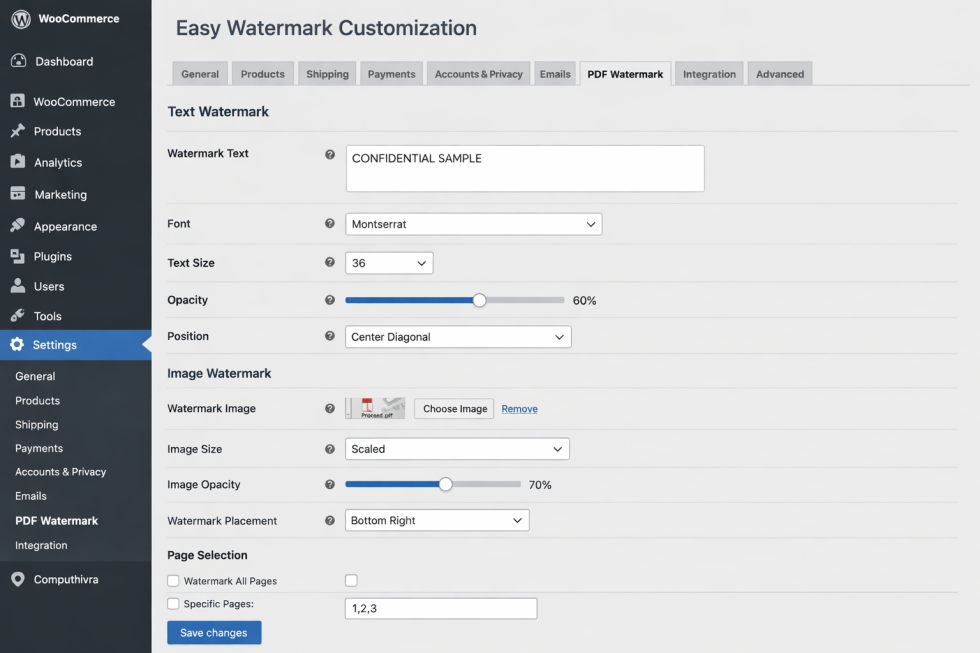PDF Watermark Settings Page
