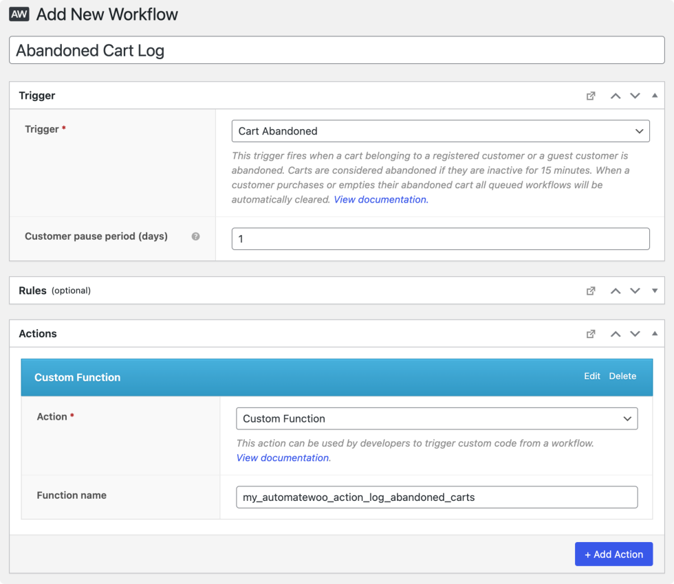 Screenshot of an AutomateWoo workflow using a custom function.