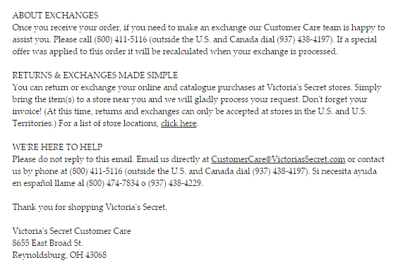 Victoria's Secret adds plenty of contact information to their emails.