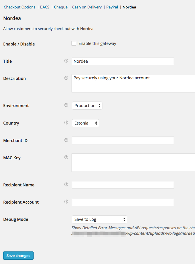 Nordea Gateway Settings