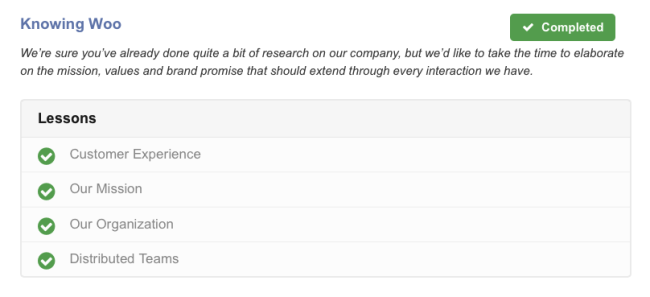 The "Knowing Woo" module of our onboarding course with its lessons