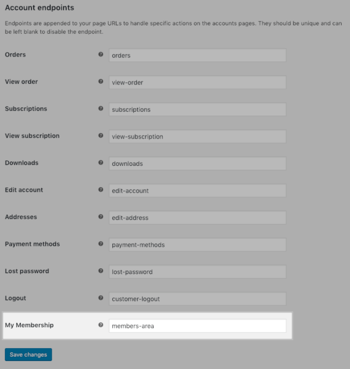 WooCommerce Memberships endpoint settings