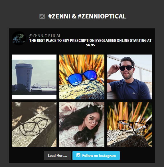 Zenni Optical's blog has a collection of hashtagged Instagram photos in the footer.