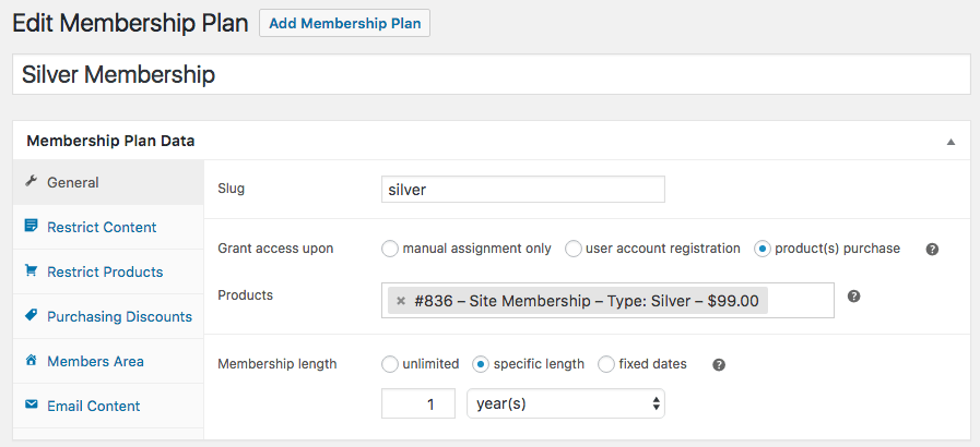 WooCommerce Memberships : données du plan général