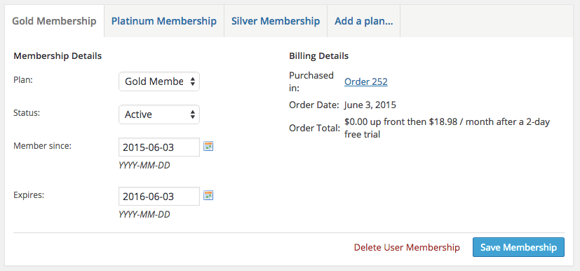 WooCommerce memberships membership details