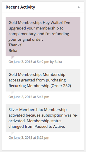 WooCommerce Memberships recent activity