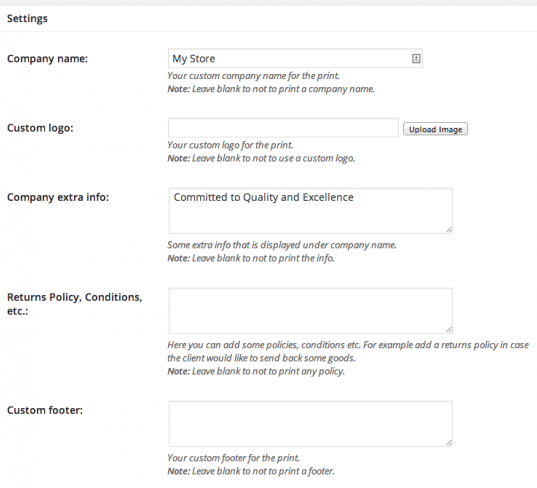 Some of the printable invoice settings.