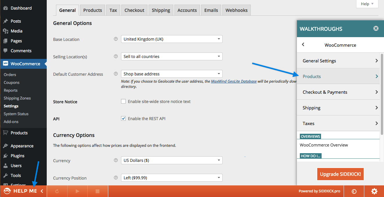 SIDEKICK walkthroughs for WooCommerce