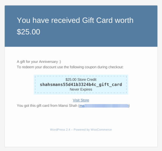 An example of a gift certificate email powered by Smart Coupons.