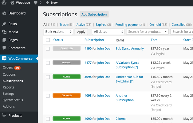 New Subscriptions List Table
