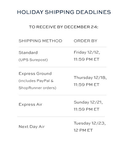 An example of a holiday deadline graphic (this one's from Tory Burch).