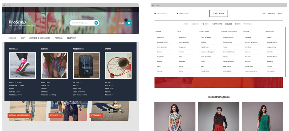 A sampling of Mega Menus on ProShop and Galleria.