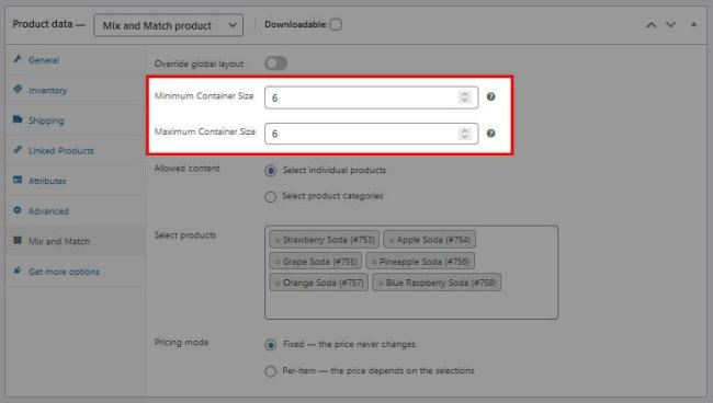 Mix and Match product container size inputs in admin product meta box