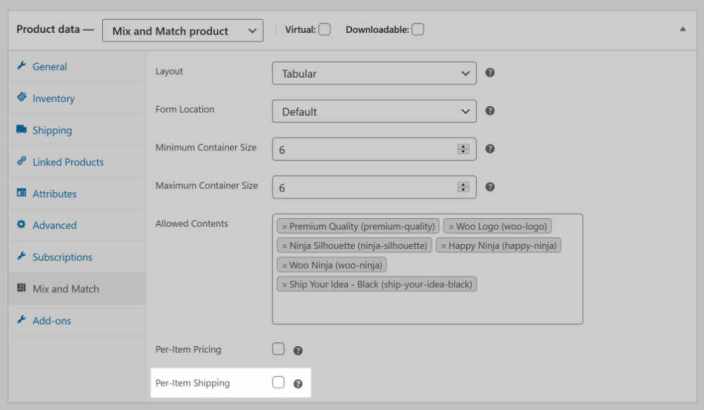 WooCommerce Mix and Match shipping mode inputs in admin product meta box