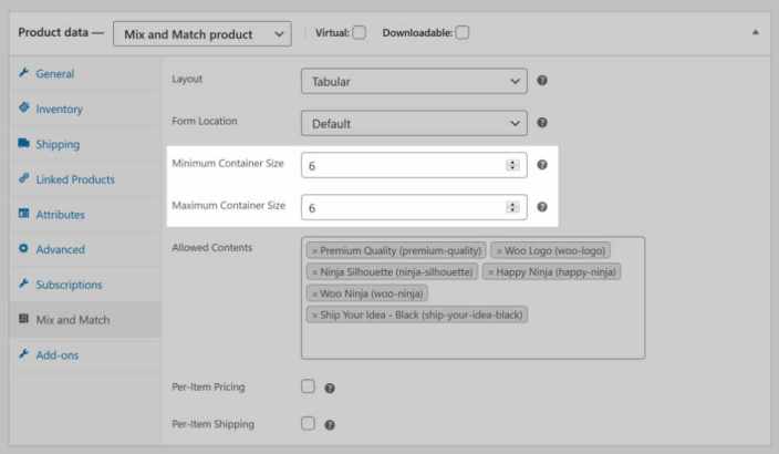 WooCommerce Mix and Match product quantity size inputs in admin