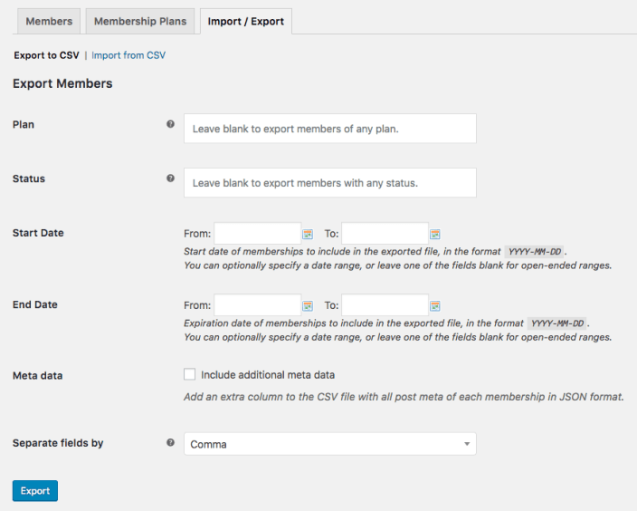 WooCommerce Memberships: Export settings