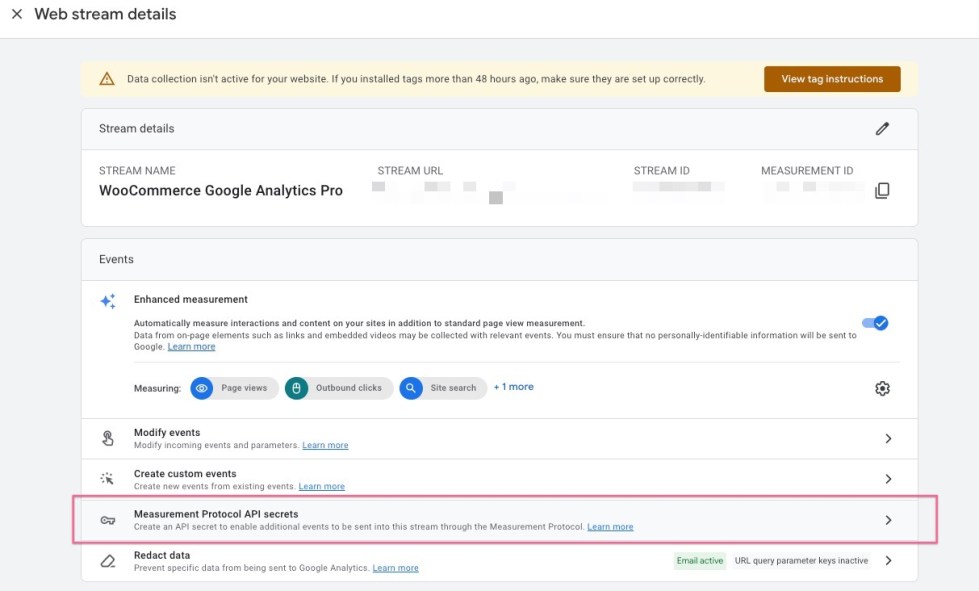 Web stream details page with a red box highlighting the Measurement Protocol API Secrets tab.