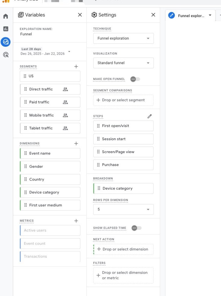 Clicking on the Funnel row from the Explorations page brings up the Variables and Settings information as well as the Exploration report.