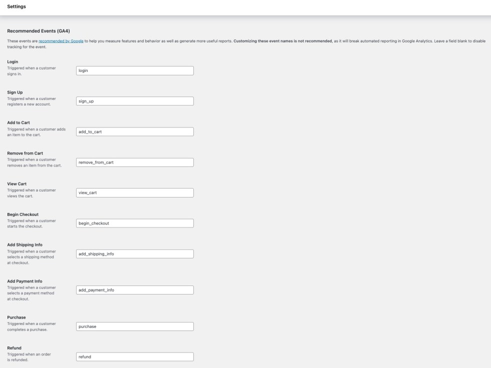 View of the Recommended Events (GA4) list in the plugin settings page.