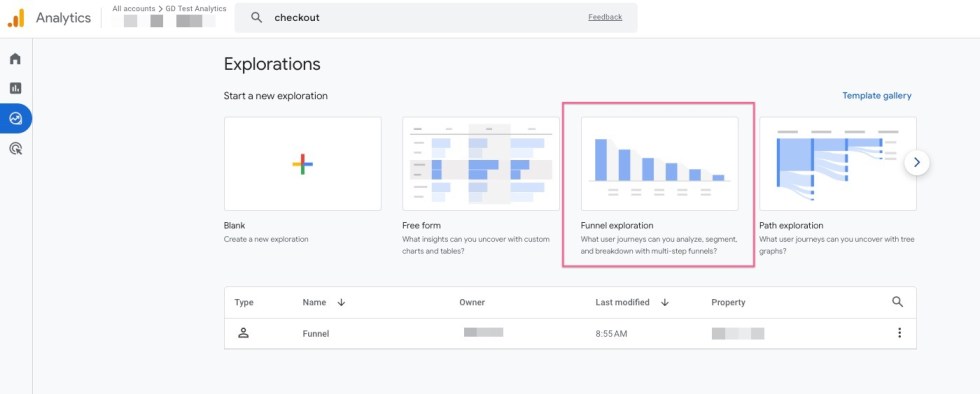 Google Analytics account showing the Explorations tab, with a red box highlighting the Funnel Exploration module tile.