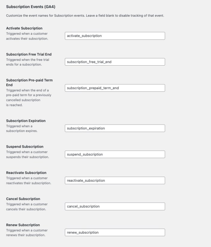 View of the Subscription Events (GA4) list in the plugin settings page.