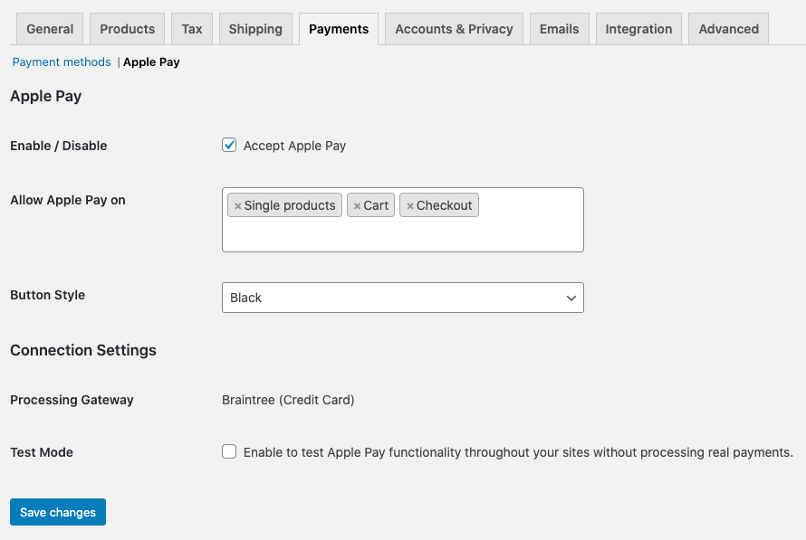 Apple Pay settings in WooCommerce