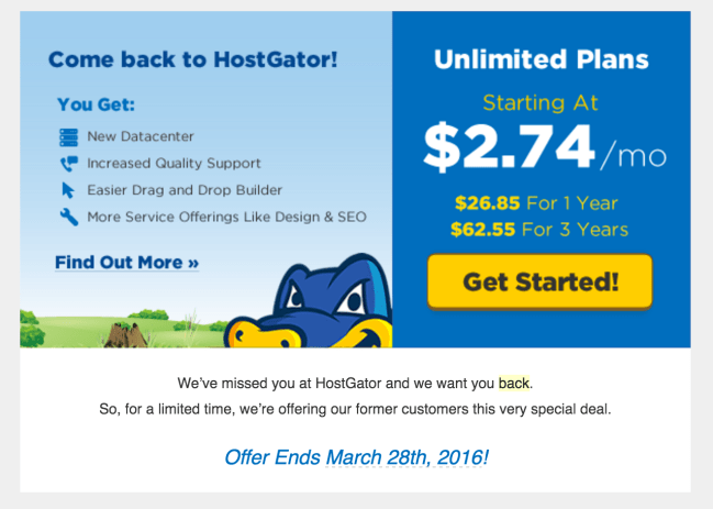 This email, targeted to former customers, offers a deal in exchange for returning to the hosting service.