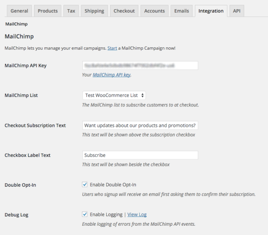 Once you've entered your MailChimp API key, more settings appear.