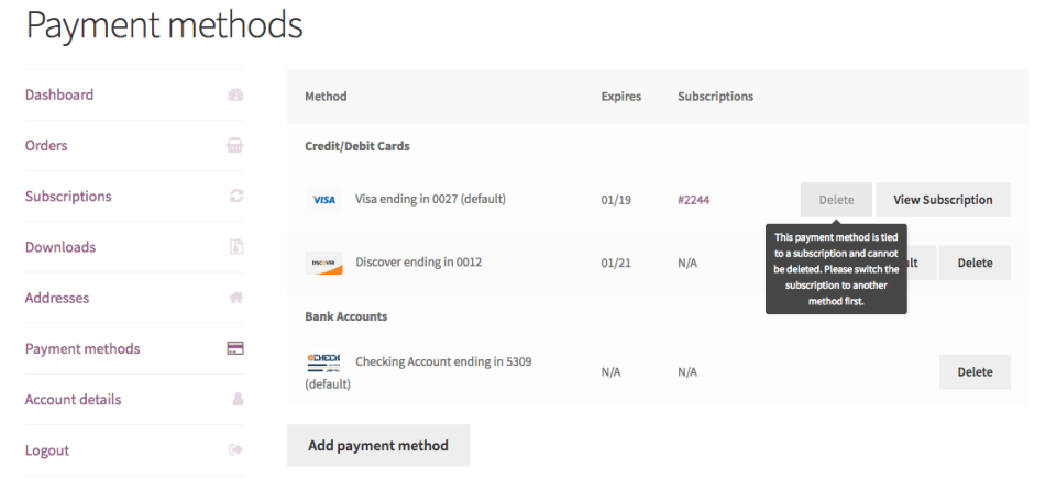 WooCommerce SkyVerge gateway "My Payment Methods" with Subscriptions active
