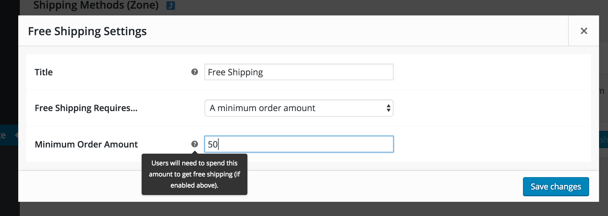 Adding free shipping as an option for United States customers in WooCommerce, but only if they spend $50 or more.