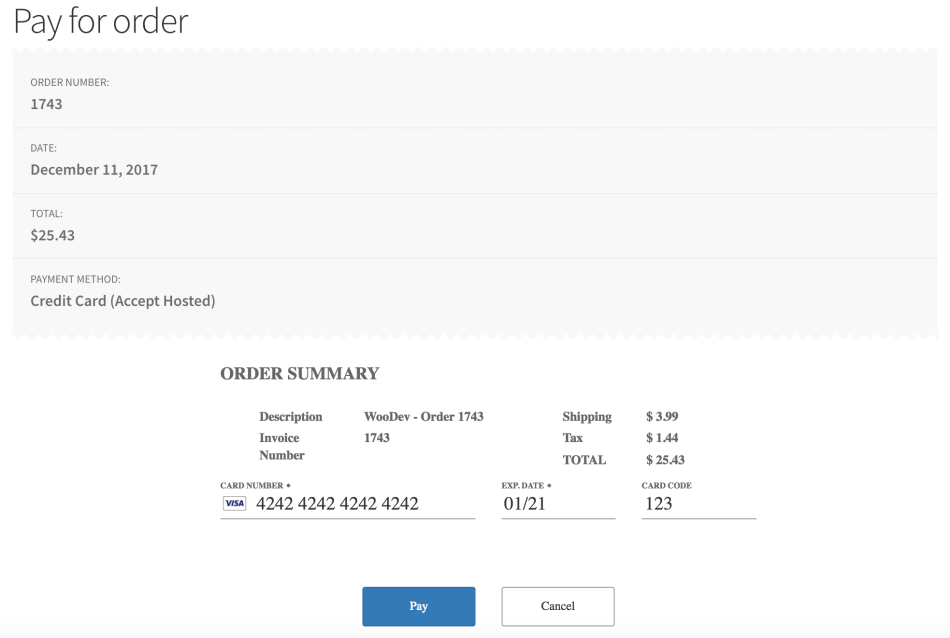 WooCommerce Authorize.Net Accept Hosted Credit card payment