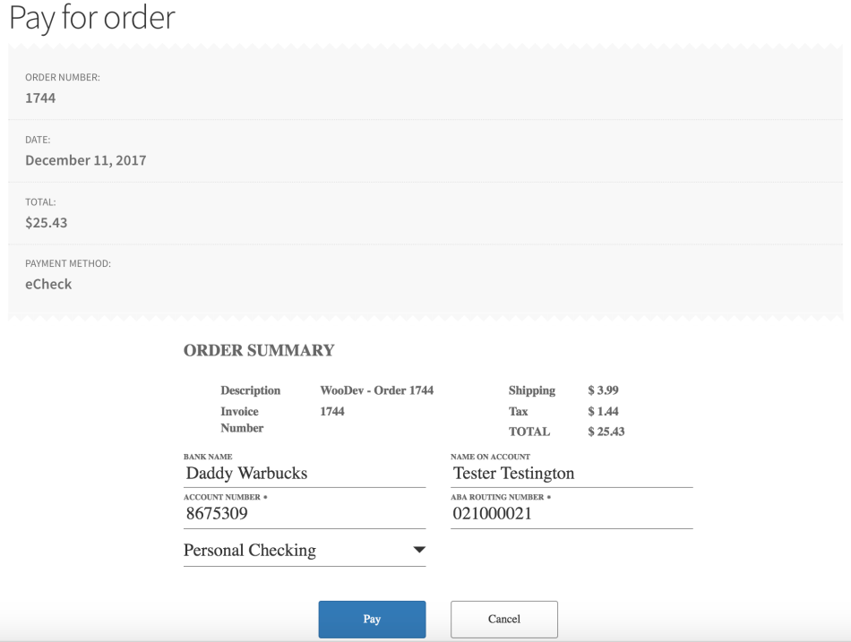 WooCommerce Authorize.Net Accept Hosted eCheck payment