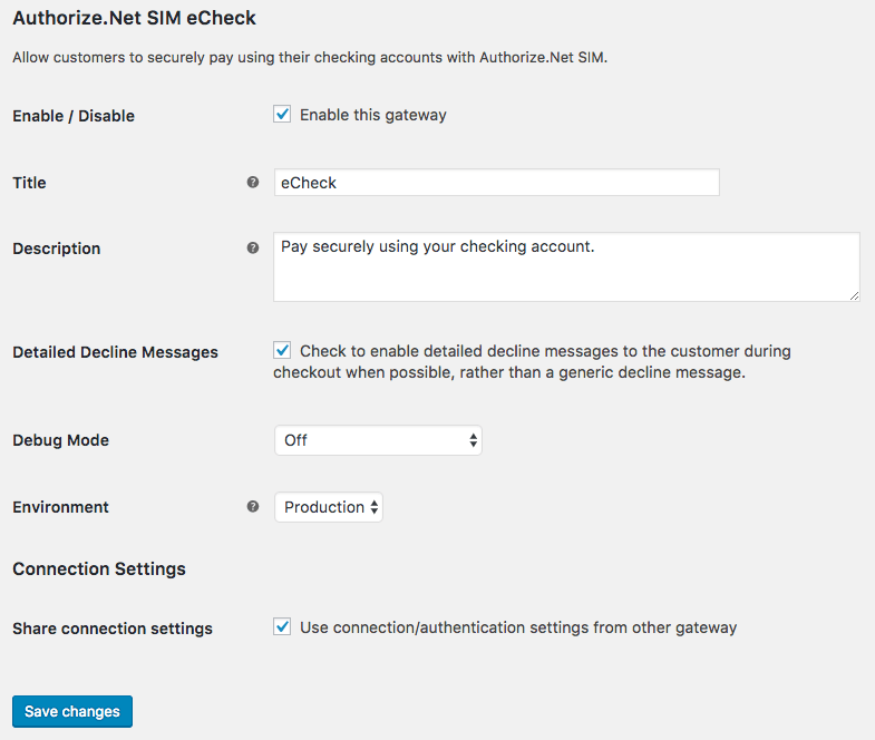 WooCommerce Authorize.Net SIM eCheck Settings