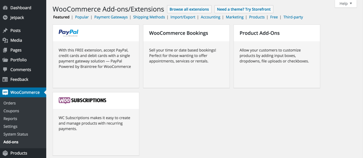 Add these payment gateways and others from the WooCommerce Add-Ons screen.