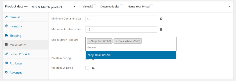 Mix and Match data panel for product metabox